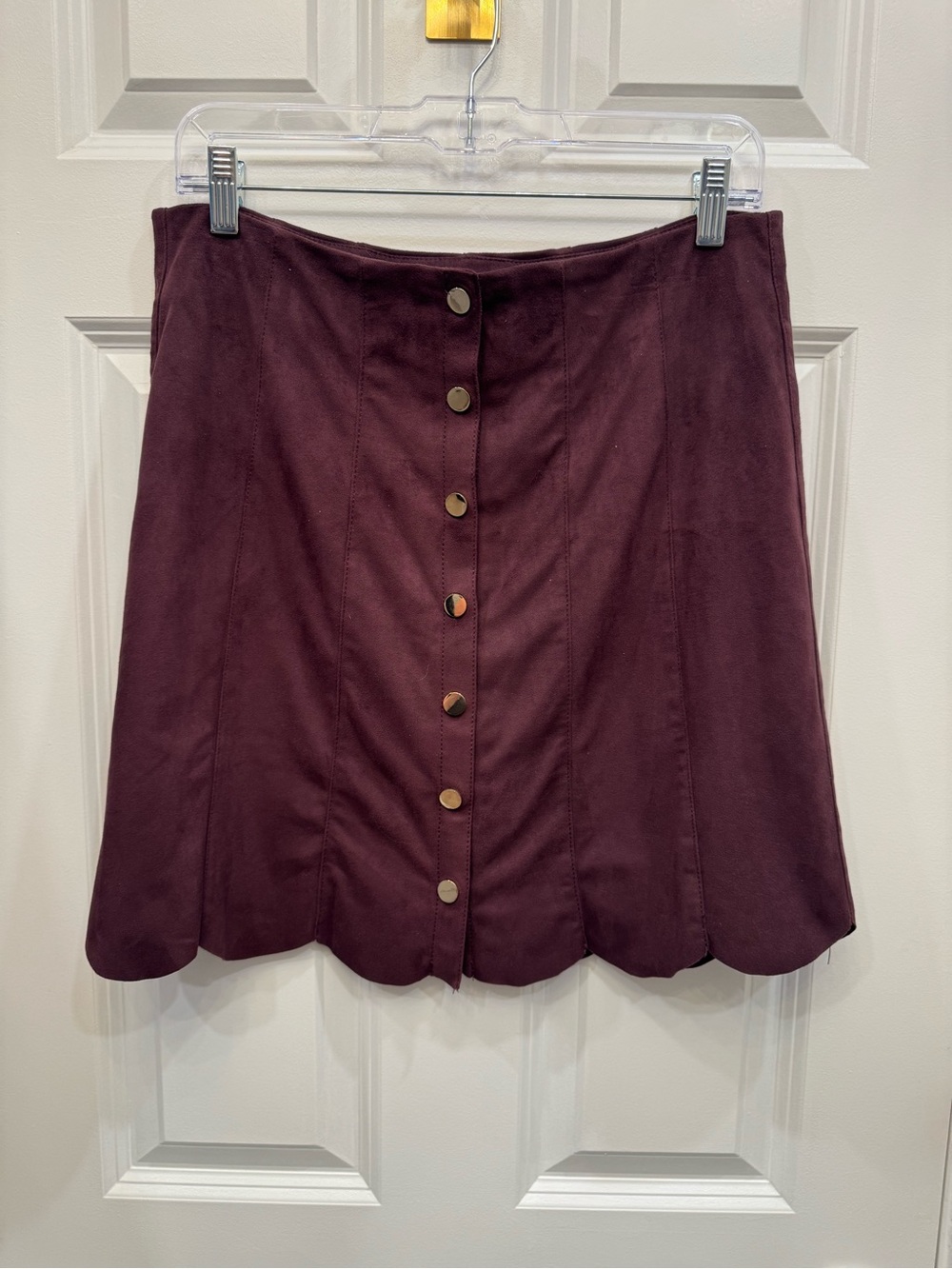 Chelsea & Theodore Scallop-Hem Button Front Mini Skirt - Plum